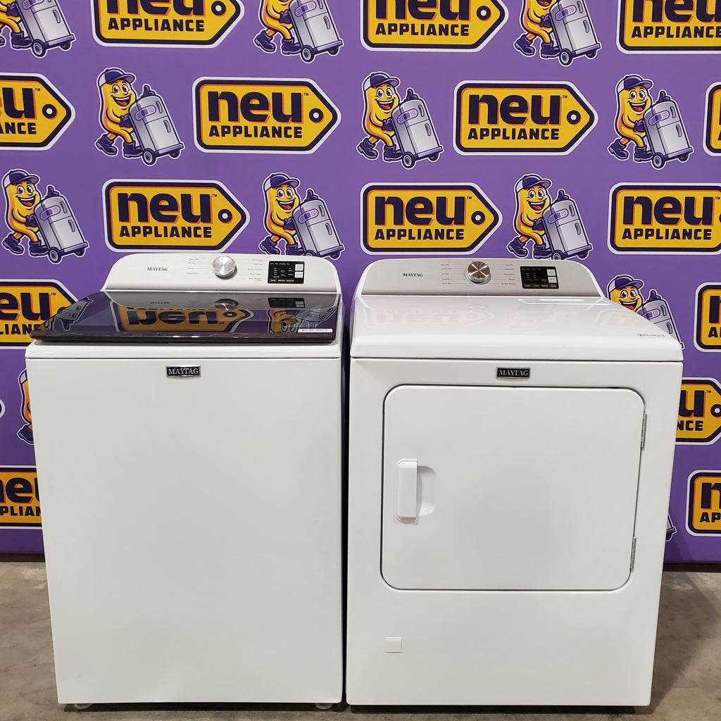 Pictures of Maytag Top Load 4.8 cu ft Washer with Deep Fill and Slow-Close Glass Lid MVW6200KW - Scratch & Dent (Moderate) and Maytag 7.0 cu ft Gas Dryer with Moisture Sensing and Quick Dry Cycle 16175 - MED6200KW - Scratch & Dent (Minor) - Neu Appliance Outlet - Discount Appliance Outlet in Austin, Tx
