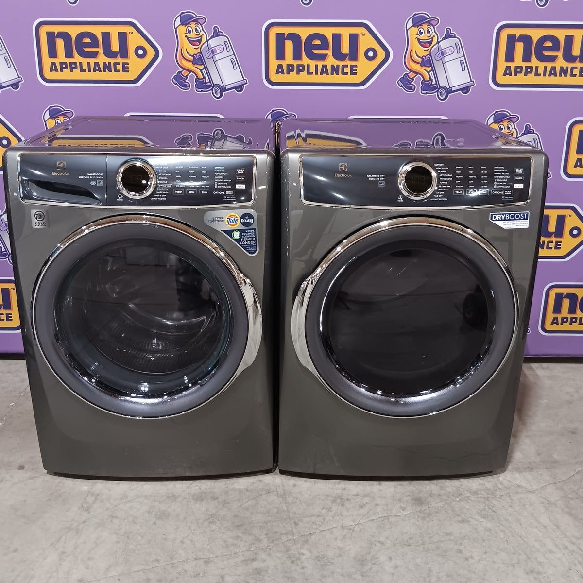 Electrolux Titanium Front Load 600 Series 4.5 Cu. Ft. Washer with Smartboost ELFW7637AT - Scratch & Dent (Moderate) and Electrolux 8 cu. ft. vented Front Load Stackable 600 Series Electric Dryer with LuxCare Dry 16248 - ELFE7637AT - Scratch & Dent (Minor)