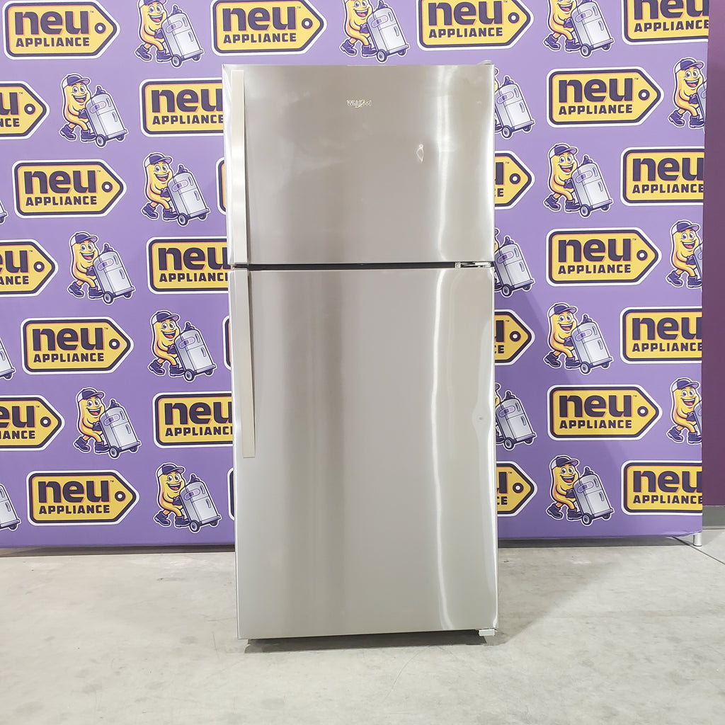 Pictures of Whirlpool Monochromatic Stainless Steel 18 cu ft 30" Wide ENERGY STAR Top-Freezer Refrigerator with Clear, Humidity Controlled Crispers WRT148FZDM - Scratch & Dent - Minor - Neu Appliance Outlet - Discount Appliance Outlet in Austin, Tx