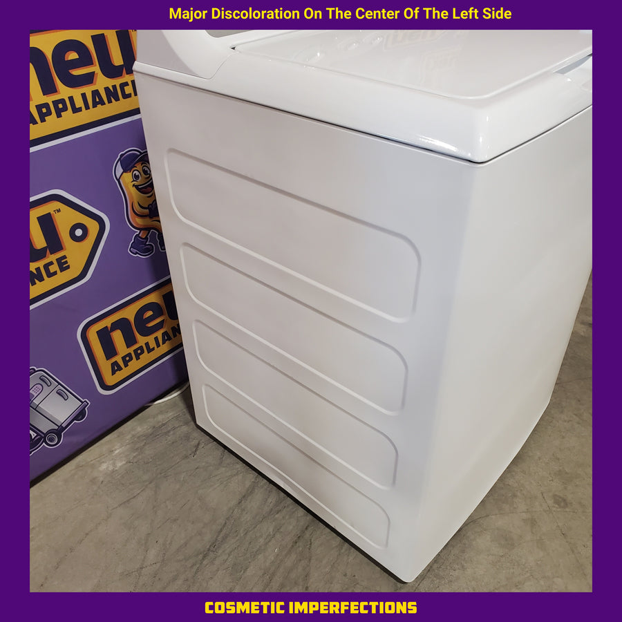 GE White Top Load 4.4 Cu. Ft. Washer with Stainless Steel Basket GTW490ACJWS - Scratch &Dent (Major) and GE White Electric 7.2 Cu. Ft. Dryer with Aluminized Alloy Drum 16253 - GTD45EASJWS - Scratch & Dent (Moderate)