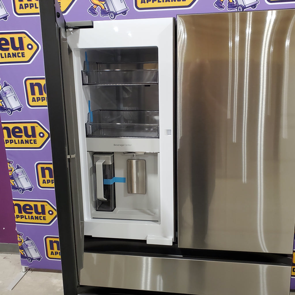Samsung Bespoke 4-Door French Door RF29BB8600QL Refrigerator with a visible brand logo on a purple background