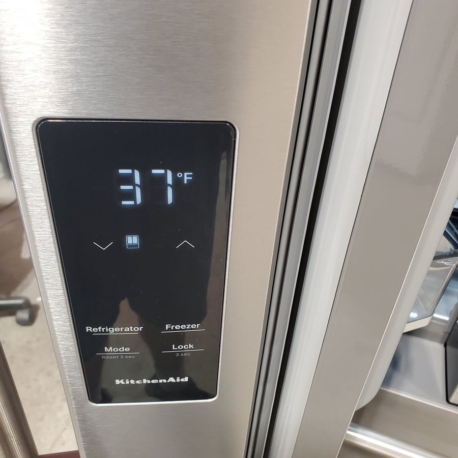 KitchenAid 36 in. 30 cu. ft. Standard Depth French Door Refrigerator in PrintShield Stainless with Exterior Water and Ice KRFF436SPS - Scratch & Dent (Moderate)