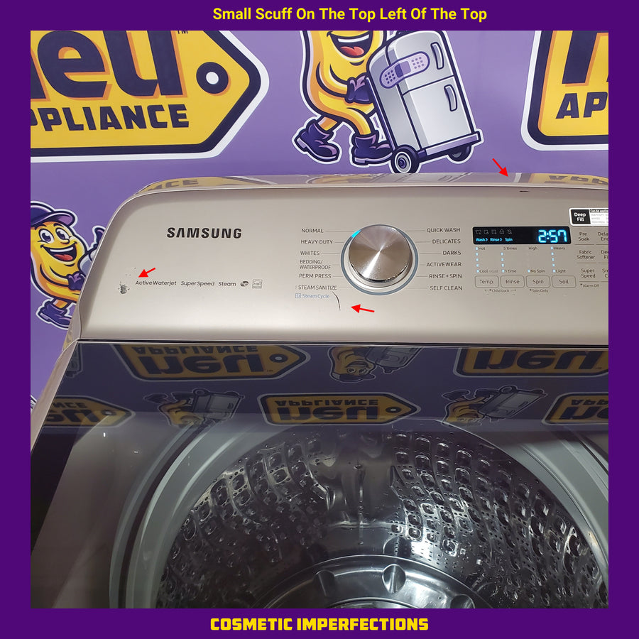 Samsung High Efficiency Extra Large ( 5.4-cu ft ) Top-Load Washer with Steam Cycle in Champagne WA54R7600AC - Certified Refurbished and Samsung 7.4-cu ft Vented Electric Dryer with Steam Cycle in Champagne DVE54R7600C - Certified Refurbished
