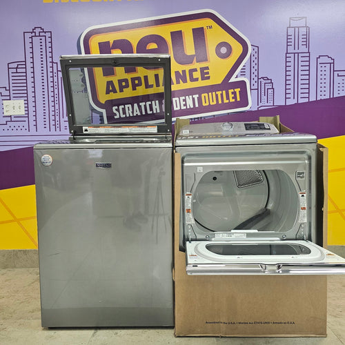 Pictures of Maytag Metallic Slate 5.3 cu. ft. Smart Capable ENERGY STAR Top Load Washing Machine with Extra Power MVW7232HC - Scratch and Dent (Minor) and Maytag Metallic Slate Electric 7.4 Cu. Ft. Dryer with Extra Power MED7230HC - New in Box - Neu Appliance Outlet - Discount Appliance Outlet in Austin, Tx