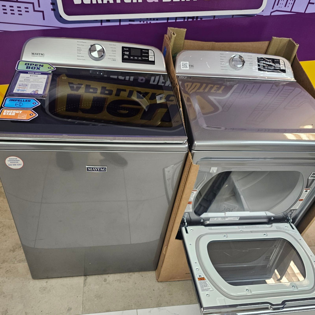 Pictures of Maytag Metallic Slate 5.3 cu. ft. Smart Capable ENERGY STAR Top Load Washing Machine with Extra Power MVW7232HC - Open Box and Maytag Metallic Slate Electric 7.4 Cu. Ft. Dryer with Extra Power MED7230HC - New in Box - Neu Appliance Outlet - Discount Appliance Outlet in Austin, Tx
