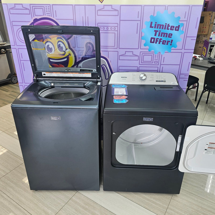 Maytag 5.2 cu. ft. Pet Pro Top Load Washer in Midnight Steel with Agitator, Extra Power MTW7205RF - Open Box and Maytag Volcano Black Pet Pro 7.0 cu. ft. Electric Dryer with XL Lint Trap and Steam 16290 - MED6500MBK - Scratch & Dent (MInor)