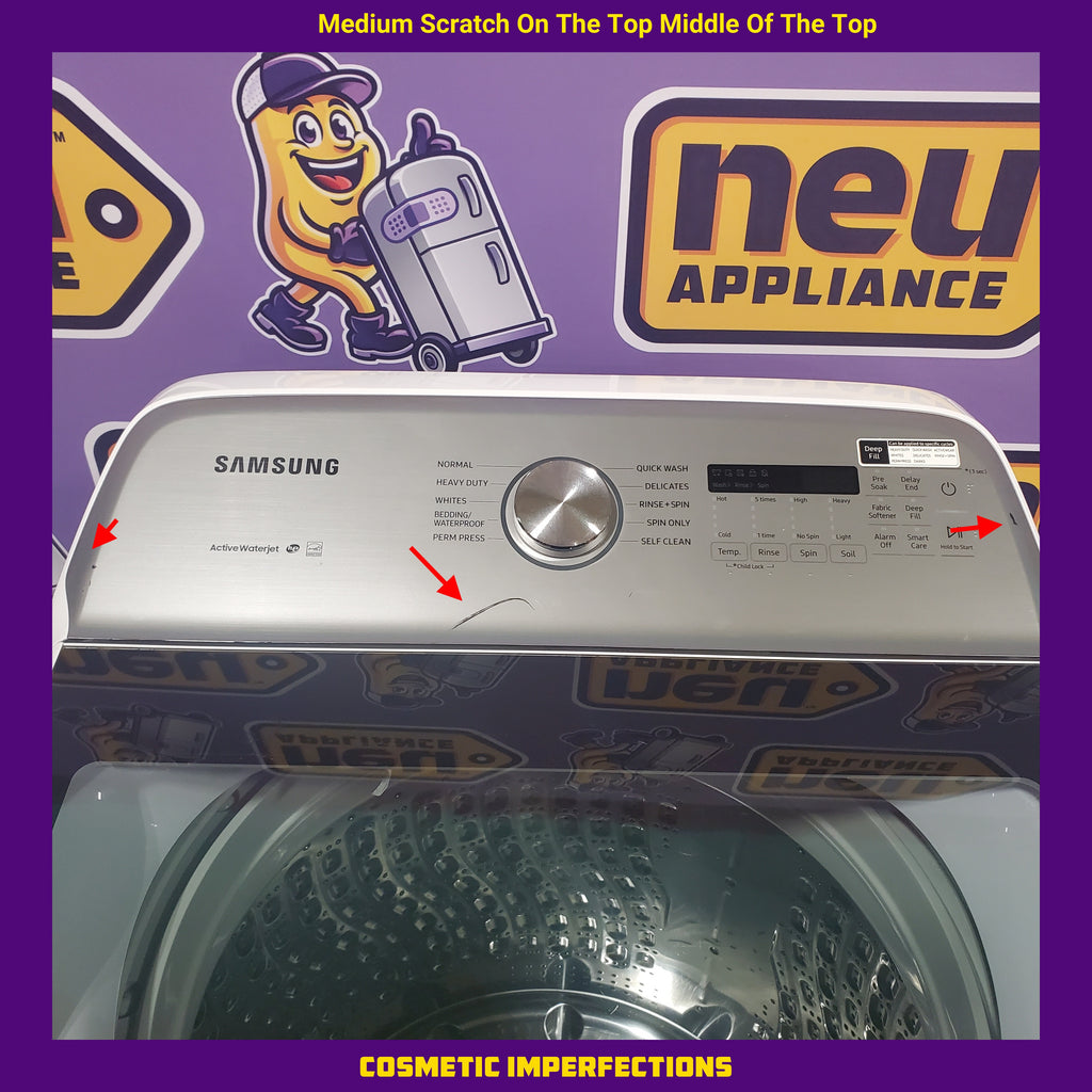 Pictures of Samsung White Top Load 5.4 Cu. Ft. Washer with Active Water Jet WA54R7200AW - Certified Refurbished and Samsung White Electric 7.4 Cu. Ft. Dryer with Sensor Dry DVE50R5200W - Scratch and Dent (Minor) - Neu Appliance Outlet - Discount Appliance Outlet in Austin, Tx