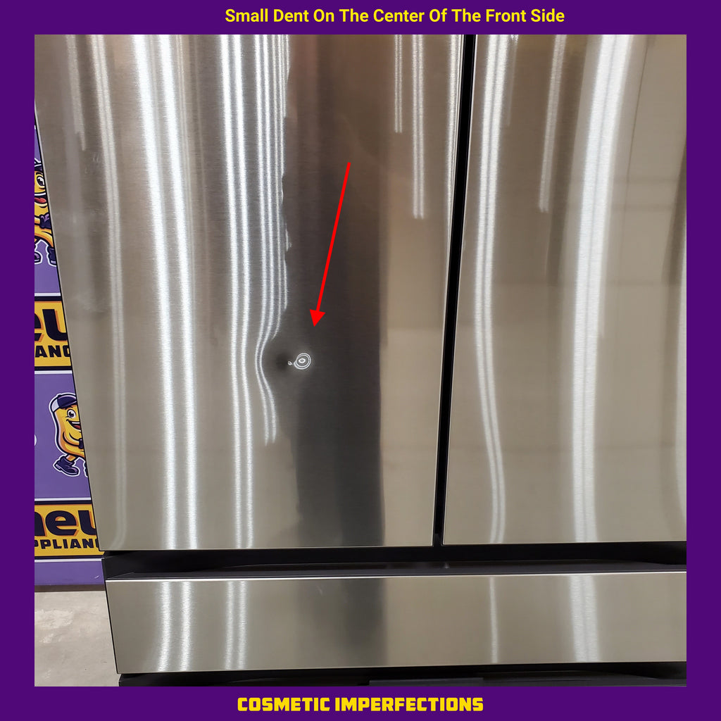 Stainless steel Samsung Bespoke 4-Door French Door RF29BB8600QL Refrigerator with a small dent on the front side, labeled 'Cosmetic Imperfections'.