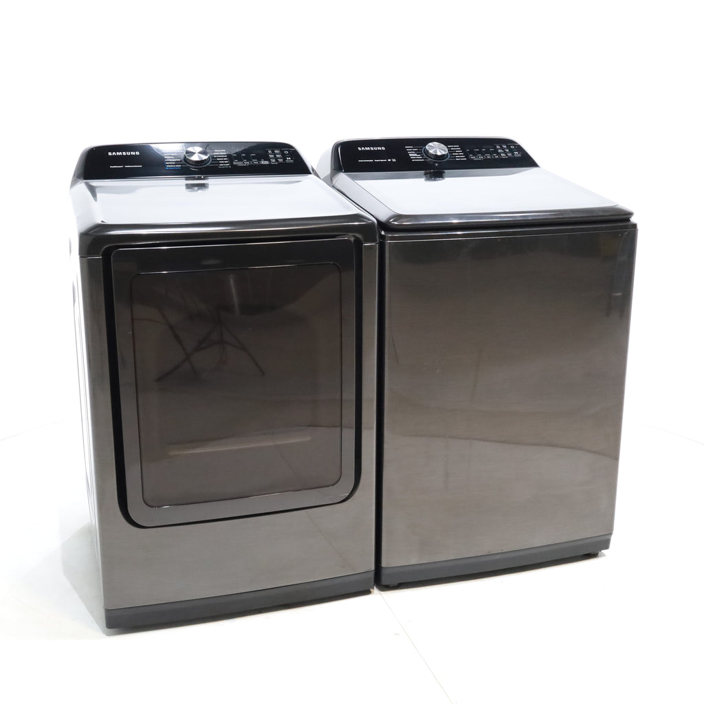 Pictures of Black Stainless Steel ENERGY STAR Samsung 5.0 cu. ft. Top Load Washer with Active Water Jet and 7.4 cu ft Gas Dryer with Steam - Scratch & Dent - Minor - Neu Appliance Outlet - Discount Appliance Outlet in Austin, Tx