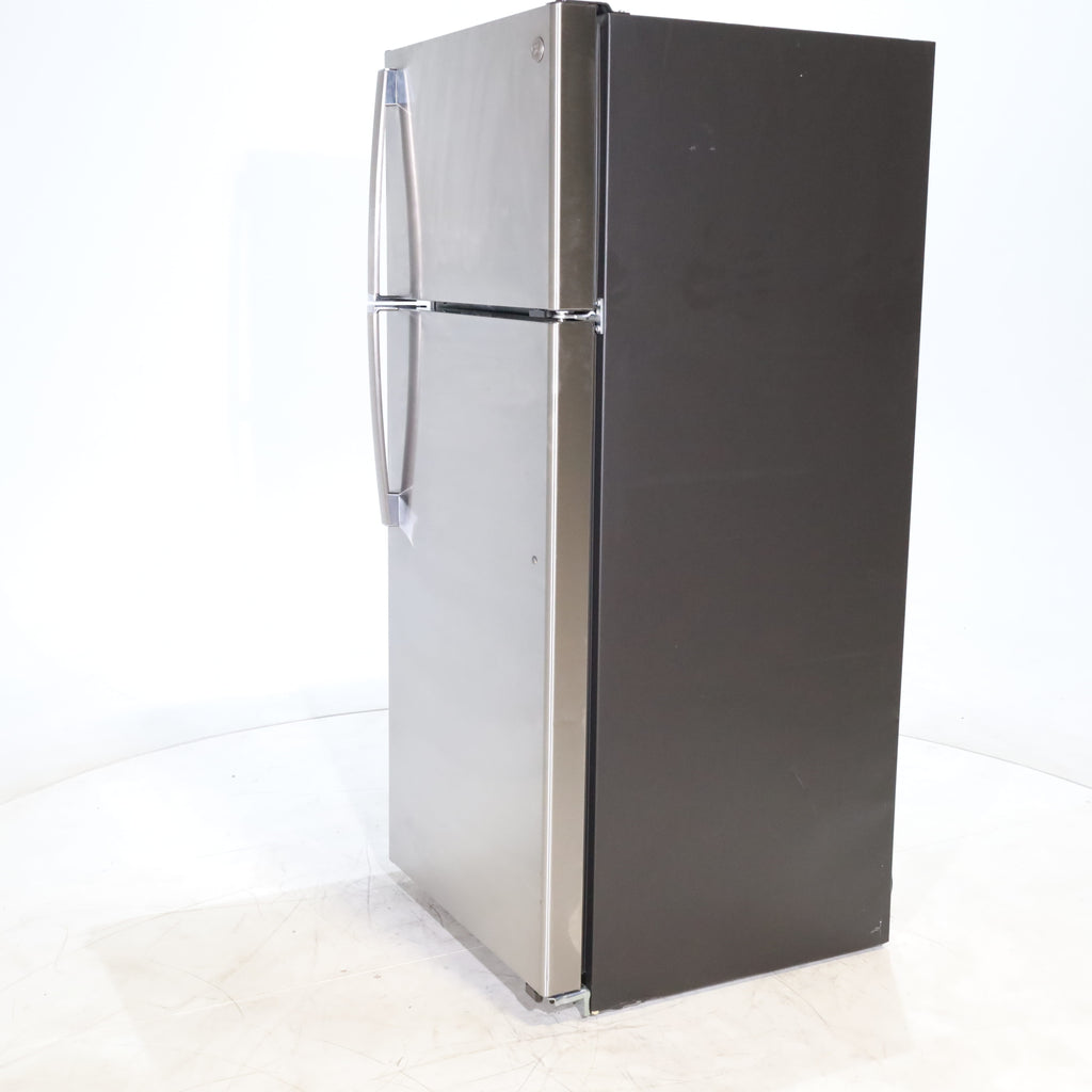 Pictures of 28" Wide Stainless Steel ENERGY STAR GE 17.5 cu. ft. Top Freezer Refrigerator with Reversible Door - Scratch & Dent - Minor - Neu Appliance Outlet - Discount Appliance Outlet in Austin, Tx