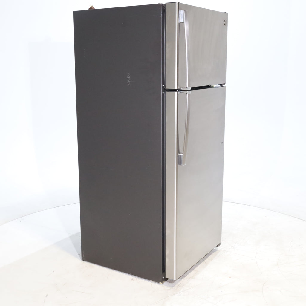 Pictures of 28" Wide Stainless Steel ENERGY STAR GE 17.5 cu. ft. Top Freezer Refrigerator with Reversible Door - Scratch & Dent - Minor - Neu Appliance Outlet - Discount Appliance Outlet in Austin, Tx