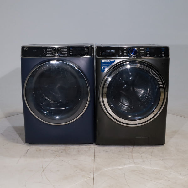 Carbon Graphite ENERGY STAR GE 5.3 cu. ft. Frontload Washer with Steam and Sapphire Blue 7.8 cu. ft. Smart Front Load Electric Dryer with PowerSteam - Scratch & Dent - Moderate