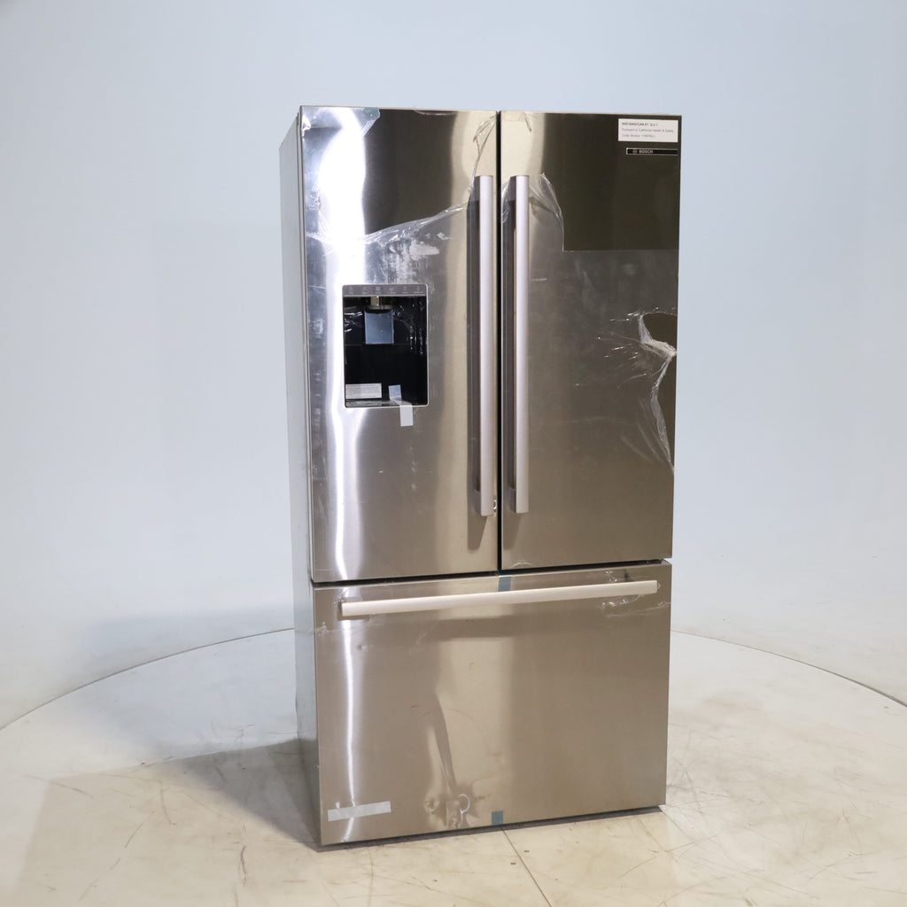 Pictures of Stainless Steel Counter Depth Bosch 500 Series 21.6 cu. ft. 3 Door French Door Refrigerator with Exterior Water and Ice - Scratch & Dent - Moderate - Neu Appliance Outlet - Discount Appliance Outlet in Austin, Tx