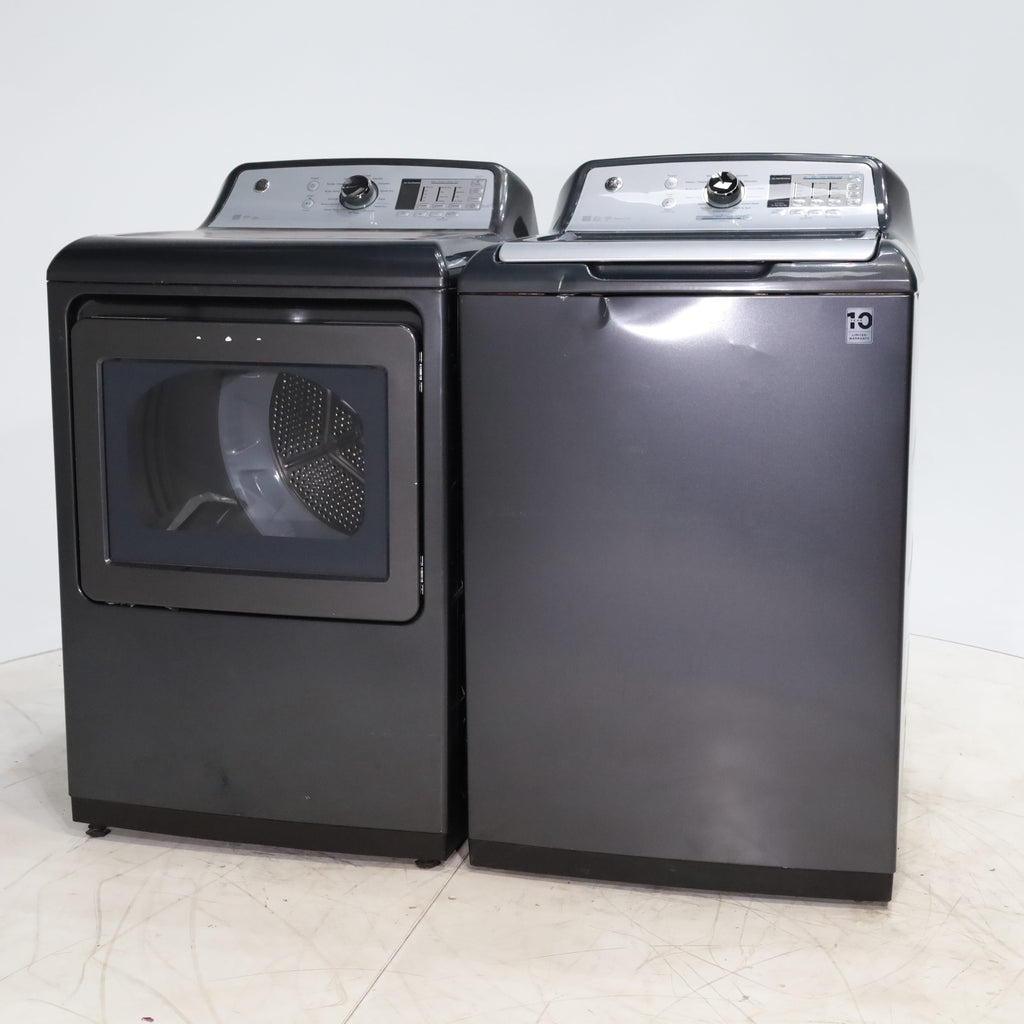 Pictures of Diamond Gray ENERGY STAR GE 5.0 cu. ft. Top Load Washing Machine with Water Station and ENERGY STAR GE 7.4 cu. ft. Steam Electric Dryer with My Cycle - Certified Refurbished - Neu Appliance Outlet - Discount Appliance Outlet in Austin, Tx