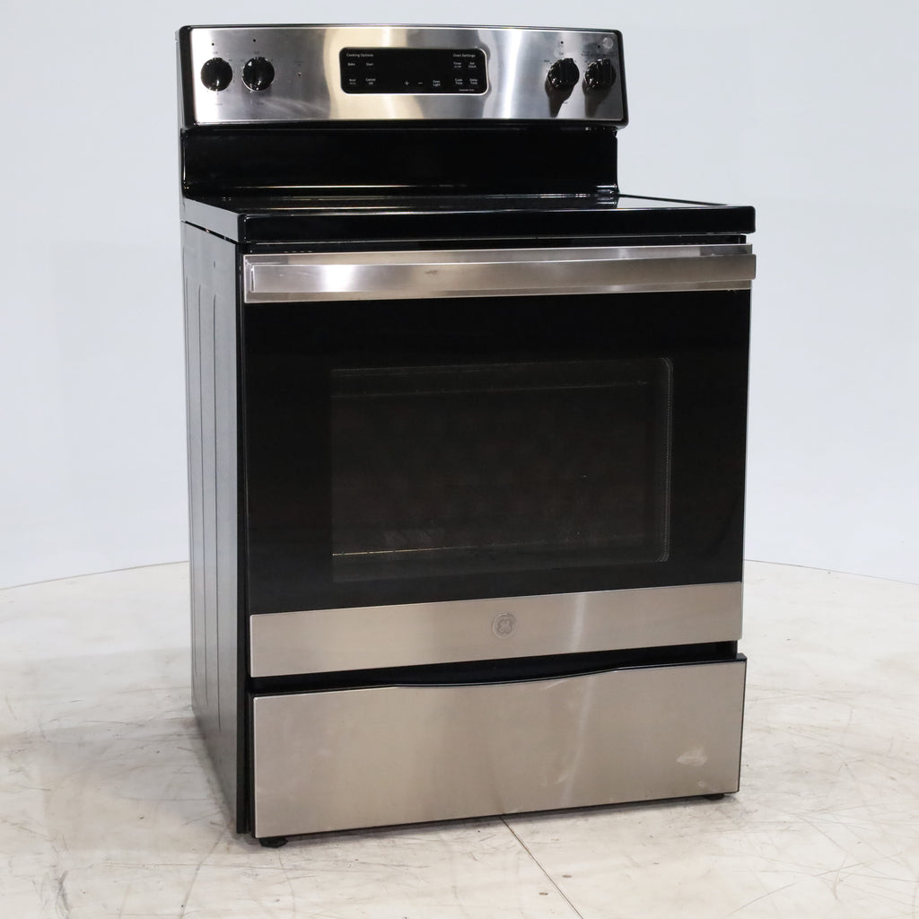 Pictures of Black with Stainless Steel GE 5.3 cu. ft. Freestanding 4 Heating Element Smooth Cooktop Electric Range with Dual Element Bake - Certified Refurbished - Neu Appliance Outlet - Discount Appliance Outlet in Austin, Tx