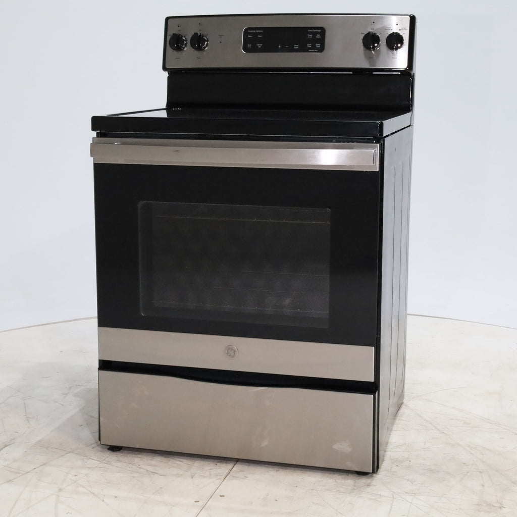 Pictures of Black with Stainless Steel GE 5.3 cu. ft. Freestanding 4 Heating Element Smooth Cooktop Electric Range with Dual Element Bake - Certified Refurbished - Neu Appliance Outlet - Discount Appliance Outlet in Austin, Tx