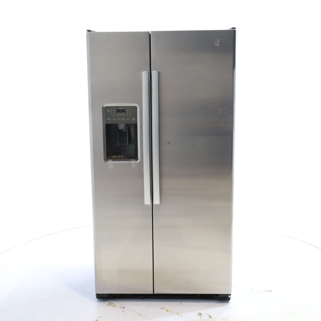 Pictures of GE Stainless Steel 21.9 Cu. Ft. Counter-Depth Side-By-Side Refrigerator with Fresh Food Multi-Level Drawers - Scratch & Dent - Moderate - Neu Appliance Outlet - Discount Appliance Outlet in Austin, Tx