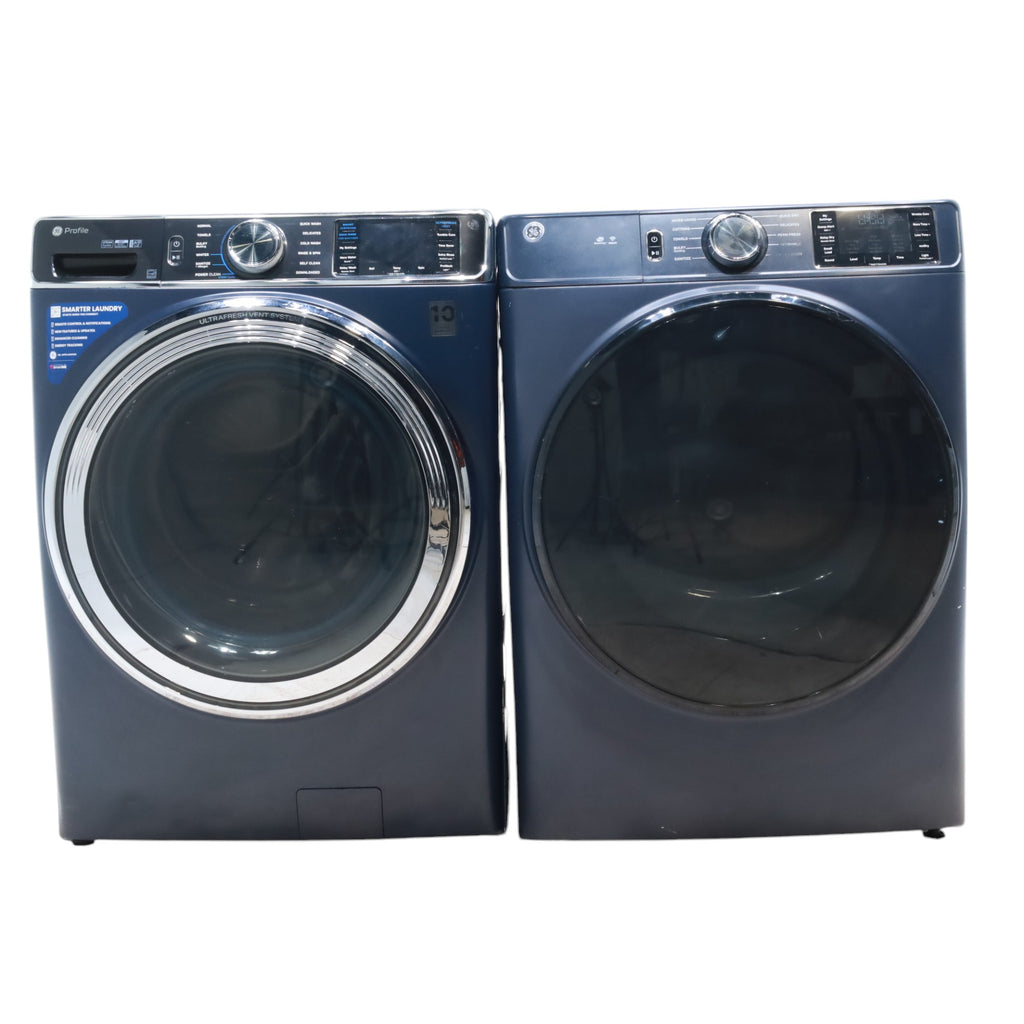 Sapphire Blue GE Profile 5.3 cu. ft. Smart Front Load ENERGY STAR Washer with OdorBlock UltraFresh Vent System and Microban and GE 7.8 cu. ft. Smart Front Load ENERGY STAR Electric Dryer in Sapphire Blue with Sanitize Cycle - Scratch & Dent - Moderate