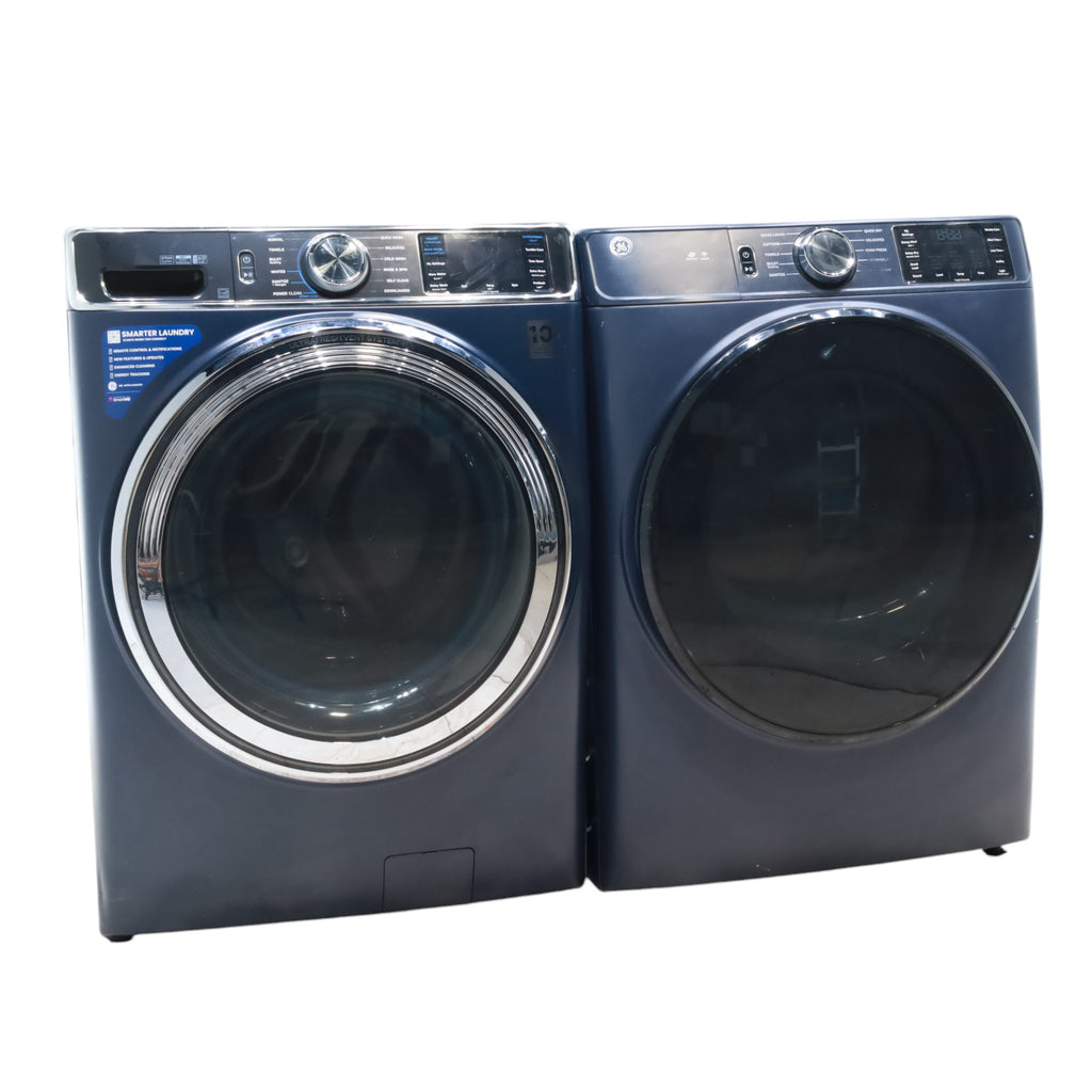 Sapphire Blue GE Profile 5.3 cu. ft. Smart Front Load ENERGY STAR Washer with OdorBlock UltraFresh Vent System and Microban and GE 7.8 cu. ft. Smart Front Load ENERGY STAR Electric Dryer in Sapphire Blue with Sanitize Cycle - Scratch & Dent - Moderate