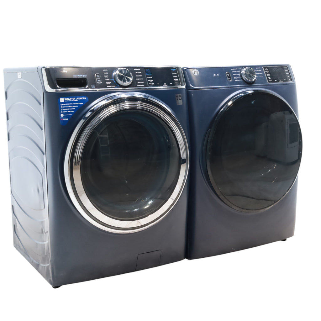 Sapphire Blue GE Profile 5.3 cu. ft. Smart Front Load ENERGY STAR Washer with OdorBlock UltraFresh Vent System and Microban and GE 7.8 cu. ft. Smart Front Load ENERGY STAR Electric Dryer in Sapphire Blue with Sanitize Cycle - Scratch & Dent - Moderate