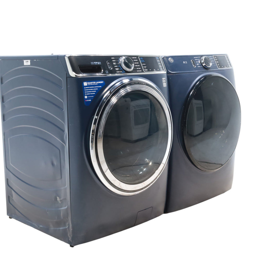 Sapphire Blue GE Profile 5.3 cu. ft. Smart Front Load ENERGY STAR Washer with OdorBlock UltraFresh Vent System and Microban and GE 7.8 cu. ft. Smart Front Load ENERGY STAR Electric Dryer in Sapphire Blue with Sanitize Cycle - Scratch & Dent - Moderate