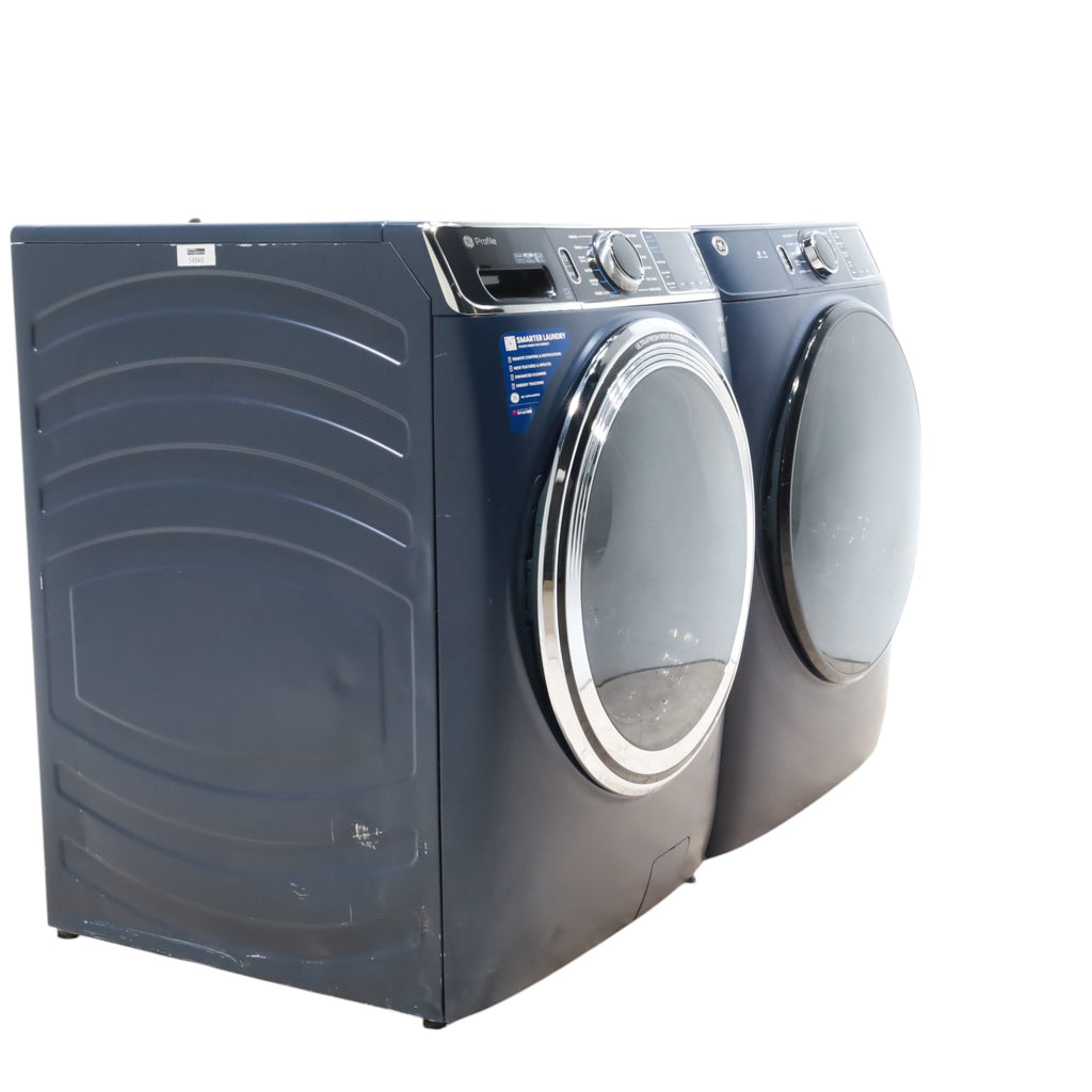 Sapphire Blue GE Profile 5.3 cu. ft. Smart Front Load ENERGY STAR Washer with OdorBlock UltraFresh Vent System and Microban and GE 7.8 cu. ft. Smart Front Load ENERGY STAR Electric Dryer in Sapphire Blue with Sanitize Cycle - Scratch & Dent - Moderate