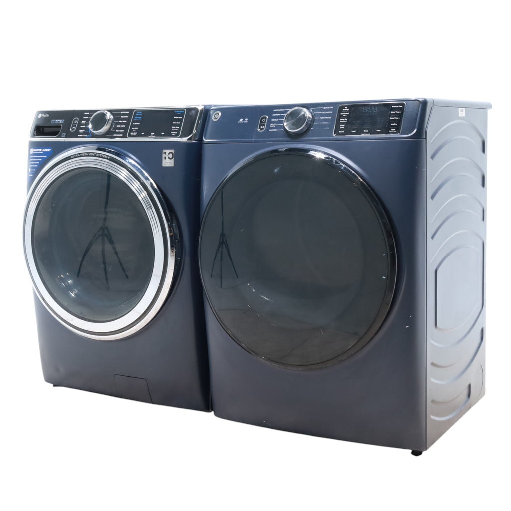 Sapphire Blue GE Profile 5.3 cu. ft. Smart Front Load ENERGY STAR Washer with OdorBlock UltraFresh Vent System and Microban and GE 7.8 cu. ft. Smart Front Load ENERGY STAR Electric Dryer in Sapphire Blue with Sanitize Cycle - Scratch & Dent - Moderate