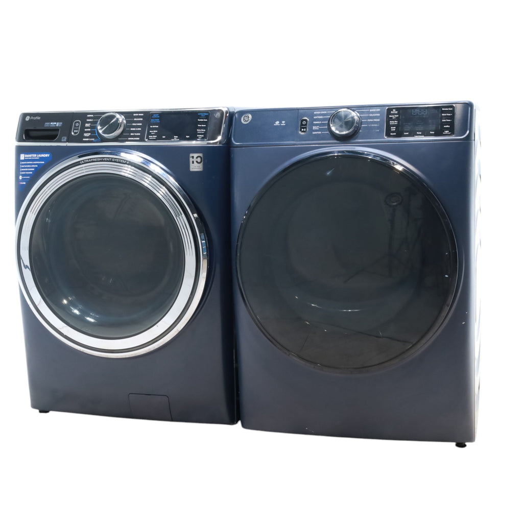 Sapphire Blue GE Profile 5.3 cu. ft. Smart Front Load ENERGY STAR Washer with OdorBlock UltraFresh Vent System and Microban and GE 7.8 cu. ft. Smart Front Load ENERGY STAR Electric Dryer in Sapphire Blue with Sanitize Cycle - Scratch & Dent - Moderate