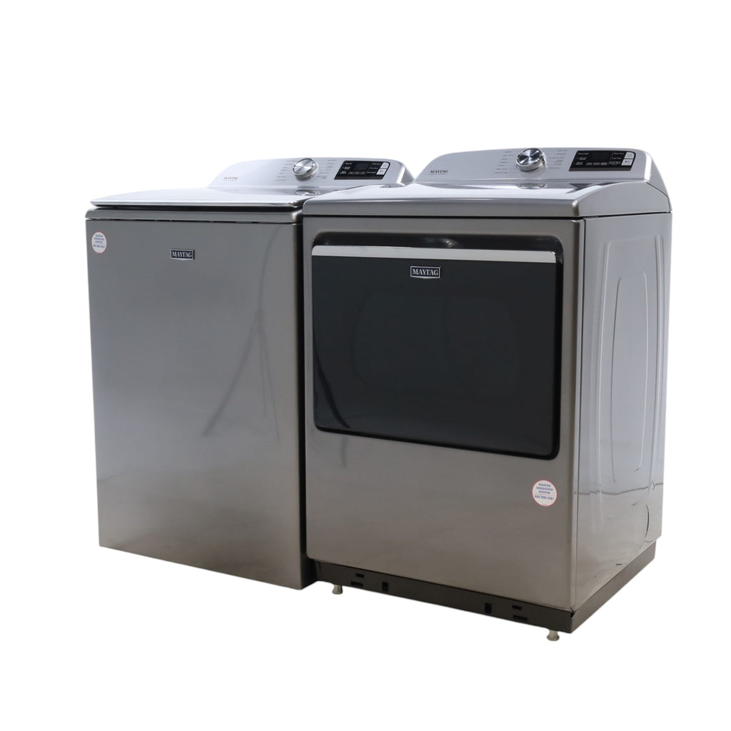 Pictures of Maytag Metallic Slate Smart Top Load 5.2 cu ft Washer with Extra Power button and Deep Fill Option and Smart 7.4 cu ft Electric Steam Dryer with Extra Power Button and Advance Moisture Sensing - Open Box - Neu Appliance Outlet - Discount Appliance Outlet in Austin, Tx