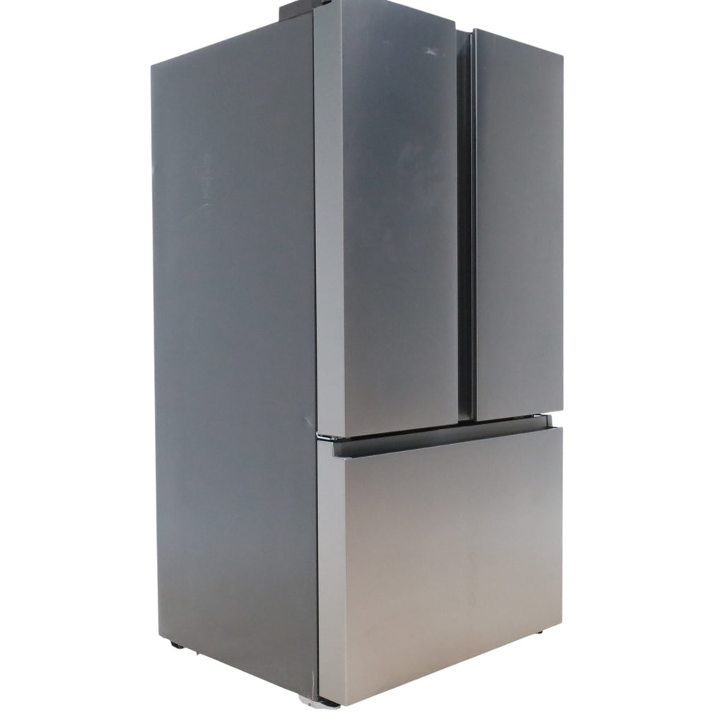 Pictures of Fingerprint Resistant Brushed Steel ENERGY STAR Hisense 26.6 cu. ft. 3 Door French Door Refrigerator with Icemaker and Internal Water Dispenser - Scratch & Dent - Minor - Neu Appliance Outlet - Discount Appliance Outlet in Austin, Tx