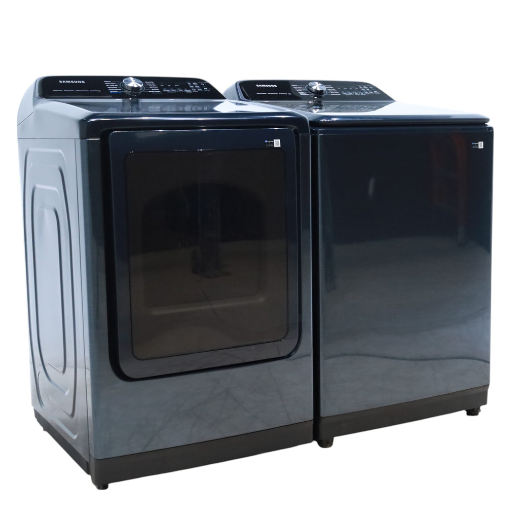 Samsung Brushed Navy Blue 5.4 cu. ft. Smart Top Load Washer with Pet Care Solution and Super Speed Wash  and  7.4 cu. ft. Smart Vented Electric Dryer with Pet Care Dry and Steam Sanitize+