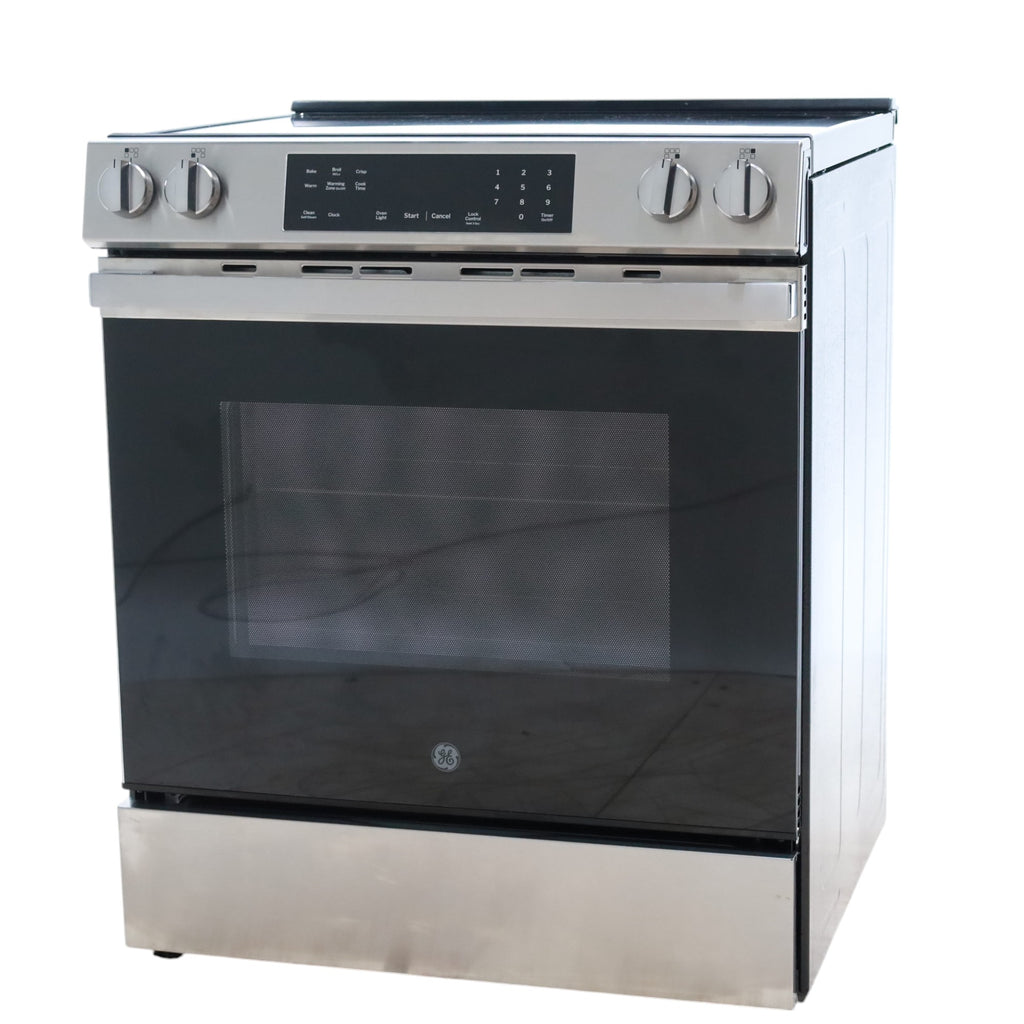 Pictures of GE® Stainless Steel 30" Front Control Slide-In Electric Range with Crisp Mode and 5 Burner Radiant Cooktop - Scratch & Dent - Open Box - Neu Appliance Outlet - Discount Appliance Outlet in Austin, Tx