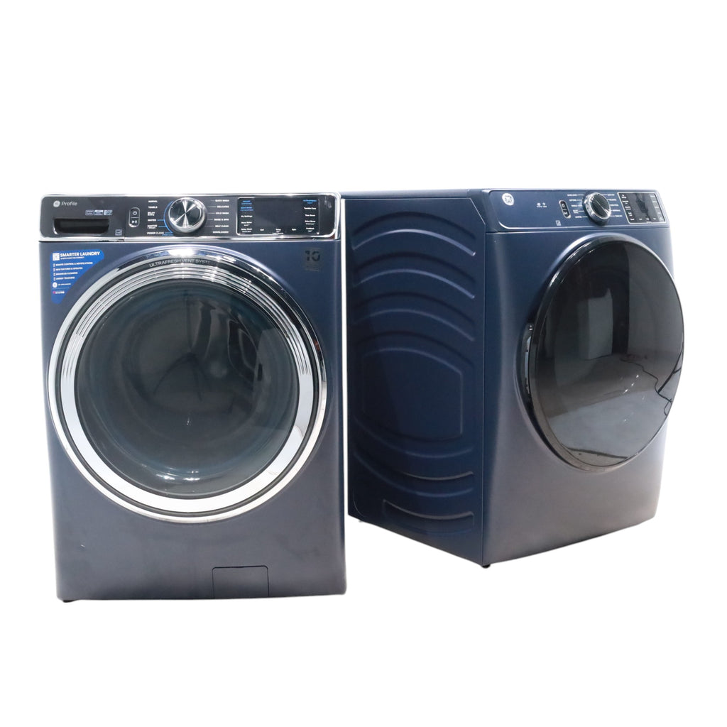 Sapphire Blue GE Profile 5.3 cu. ft. Smart Front Load ENERGY STAR Washer with OdorBlock UltraFresh Vent System and Microban and GE 7.8 cu. ft. Smart Front Load ENERGY STAR Electric Dryer in Sapphire Blue with Sanitize Cycle - Scratch & Dent - Minor