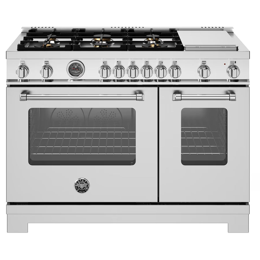 Bertazzoni Master Series 48 Inch Freestanding Gas Range with 6 Sealed Burners, 7 cu. ft. Total Oven Capacity, Double Oven, European Convection Oven, and Electric Griddle: Natural Gas 11113107 - MAS486BTFGMX - Scratch & Dent (Minor)
