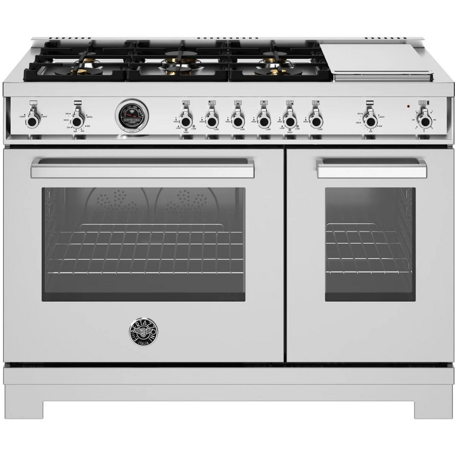 Bertazzoni 48 Inch Freestanding Gas Range with 6 Sealed Burners, 7.1 cu. ft. Total Capacity, Dual Convection, and Electric Griddle PRO486BTFGMXT - Scratch & Dent (Minor)