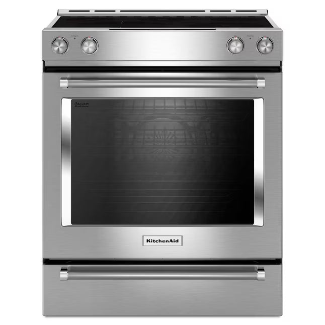 KitchenAid 30-in Glass Top 5 burners 7.1-cu ft Convection Oven Slide-In Electric Range in Stainless Steel KSEB900ESS - Open Box