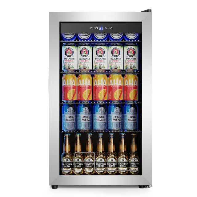 Nipus 17.52 inch Beverage Refrigerator Cooler,130 Cans Capacity Mini Fridge with Glass Door for Soda Wine Beer, with Adjustable Removable Shelves in Silver 251318SD1386 - STA100SI - Open Box