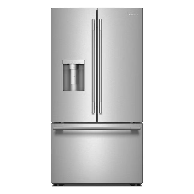 KitchenAid 36 in. 30 cu. ft. Standard Depth French Door Refrigerator in PrintShield Stainless with Exterior Water and Ice KRFF436SPS - Scratch & Dent (Minor)