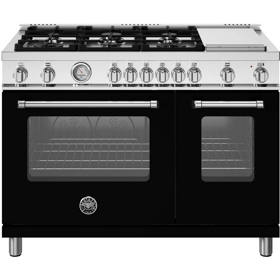 Bertazzoni 48 Inch Freestanding Gas Range with 6 Sealed Burners, Integrated Electric Griddle, 7.1 cu. ft. Total Oven Capacity, and Double Oven MAS486GGASNEV - Open Box