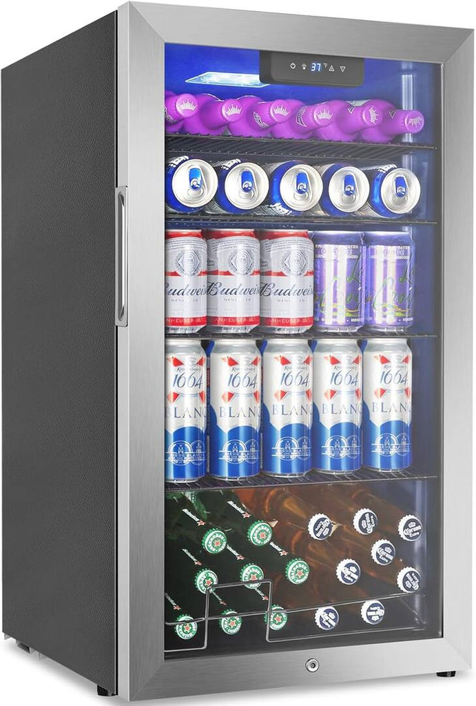 HOOURE 128Cans 3.2 Cu.Ft Glass Door Mini Fridge for Drink Beer Soda Wine, with 4 Adjustable Removable Shelves in Stainless Steel 25133SD535 - TAYL86 - Scratch & Dent (Minor)