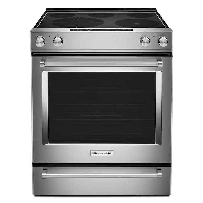 KitchenAid Glass Top 5 burners 6.4-cu ft Convection Oven Slide-In Electric Range in Stainless Steel KSEG700ESS - Scratch & Dent (Minor)