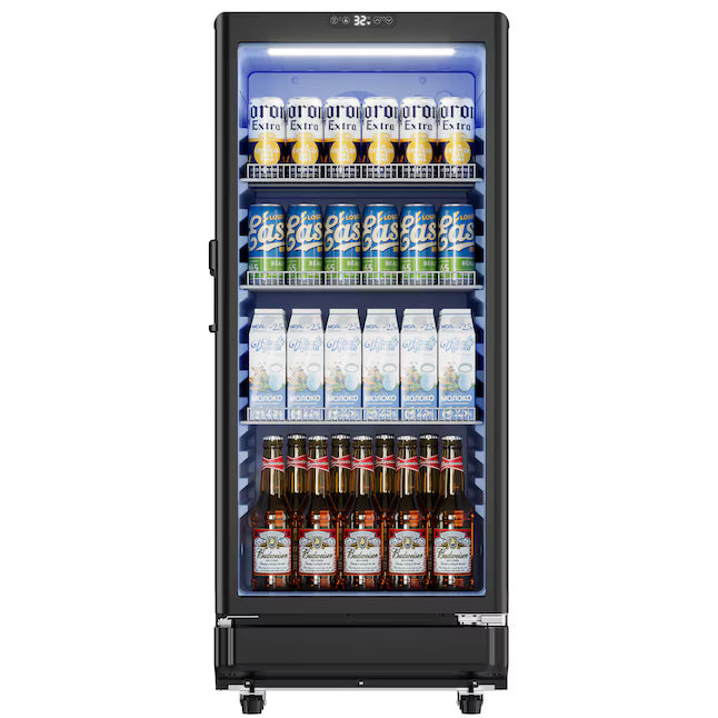 Euhomy 21.3 in. Single Zone 220-Cans Freestanding/Built-in Beverage Refrigerator Cooler in Black with LED Light, See-Thru Door CDR002-6BL - New in Box