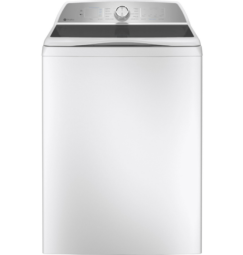 Pictures of Ge Profile White Energy Star 4.9 Cu. Ft. Top Load Washer with FlexDispense PTW605BSRWS - New in Box and GE Profile White ENERGY STAR® 7.4 cu. ft. Capacity aluminized alloy drum Gas Dryer with Sanitize Cycle and Sensor Dry - Scratch & Dent - (Moderate) - Neu Appliance Outlet - Discount Appliance Outlet in Austin, Tx