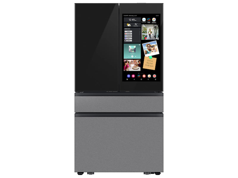 Smart Samsung Bespoke RF90F29AECRAA 4-Door French Door Refrigerator with a large display screen on a white background