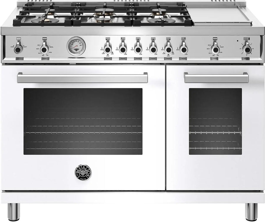Bertazzoni 48 Inch Freestanding Professional Gas Range with 6 Sealed Burners, Double Oven, 7.1 Cu. Ft. Total Capacity in Bianco White PROF486GGASBIT - Scratch & Dent (Minor)