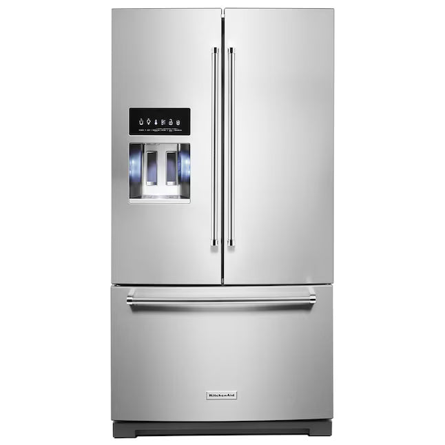 Kitchenaid 26.8 cu ft Standard Depth French Door Refrigerator with Exterior Ice and Water Dispenser KRFF577KPS - Scratch & Dent (Major)