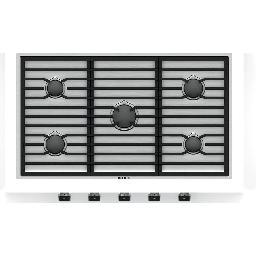 Wolf 36 Inch Cooktop with 5 Sealed Burners Total, Continuous Cast-Iron Grates, 20,000 BTU Power Burner, White Illuminated LED Knobs, 3 Knob Color Options CG365CS - Open Box