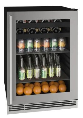 U-Line 24 Inch Beverage Center with 5.5 Cu. Ft. Capacity, Adjustable Glass Shelves, Wine Racks, LOW-E Argon Thermopane Glass Door, and Convection Cooling UHBV124SG01A - Scratch & Dent (Minor)