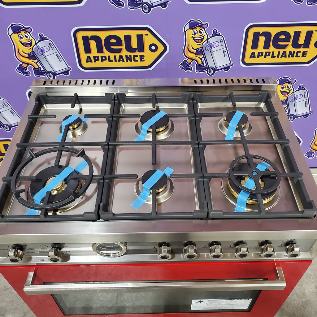 Pictures of Bertazonni Professional Series 36" 5.7 cu. ft. Dual Fuel Range with Dual Convection Oven, 6 Brass Burners, and Soft-Close Oven Door in Red 11113110 - PROF366DFSROT - Open Box - Neu Appliance Outlet - Discount Appliance Outlet in Austin, Tx