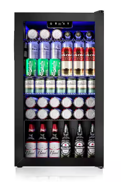 SIMZLIFE 17.7 in.W Single Zone 130-Cans Freestanding Beverage Refrigerator Cooler in Black, Reversible Door BR008-110SH